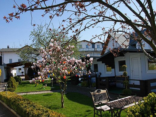 Ostern im Ostseebad Binz - Rügen, Pension ANKER Ostern und Frühling in Ferienanlage mit Osterschmuck auf Baum - Rügen, Pension ANKER